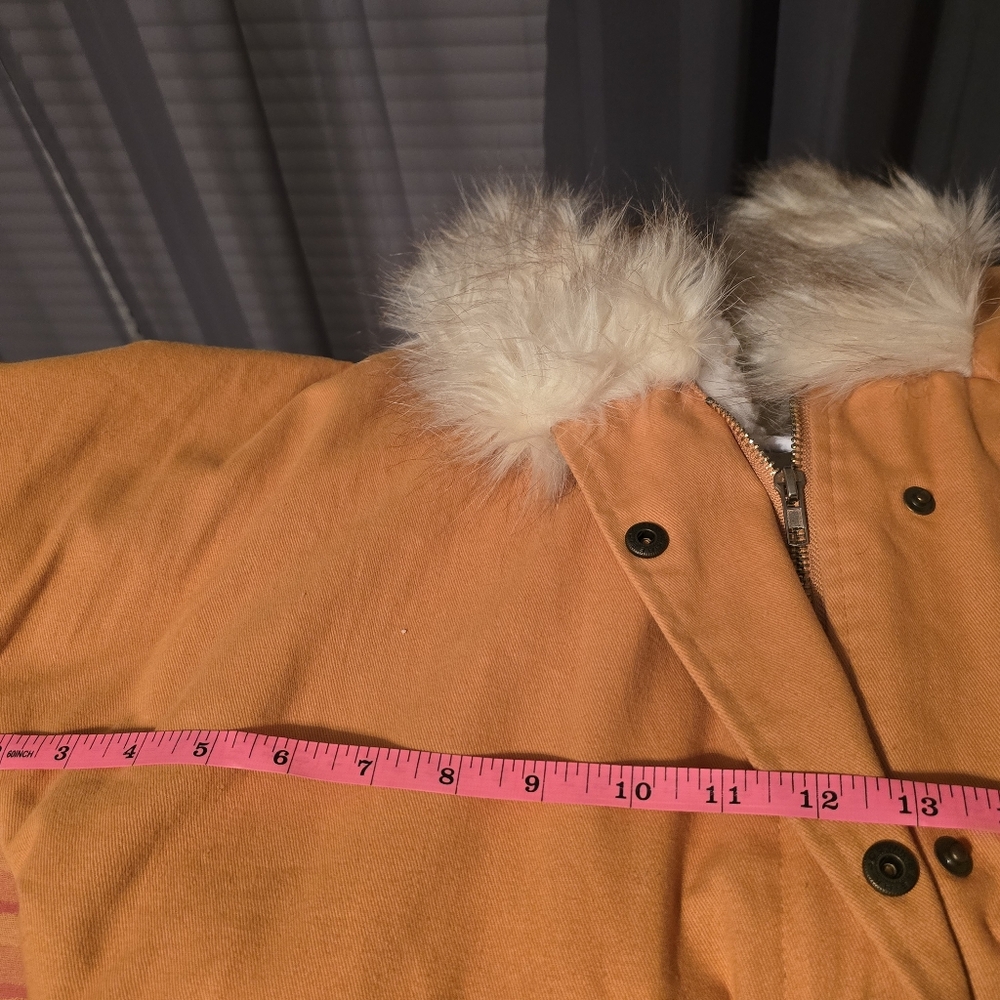 Yellow Fur Hooded Zipper Embellished Fleece Inside Military Coat - Picture 6 of 8